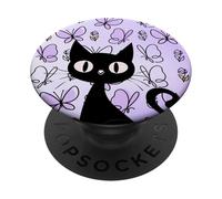 Mariposa púrpura pálida Doodle Dibujar Romántico Gato Negro Energía PopSockets PopGrip Adhesivo