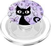 Mariposa púrpura pálida Doodle Dibujar Romántico Gato Negro Energía PopSockets PopGrip para MagSafe