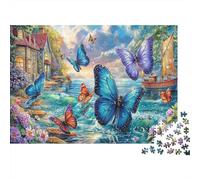 Mariposa Rompecabezas de Papel Grueso Mariposas Azules en el Pueblo con Flores, Pack Regalo de Rompecabezas contra el aburrimiento 52x38cm/1000 Piezas