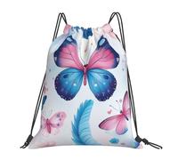 Mariposa Rosa Azul con Forma De Flores Y Plumas Bolsa con Cordón Ligera Bolsas De Gimnasia Ajustable Bolsa De Cuerdas para Senderismo Viaje Hombres 36X42Cm
