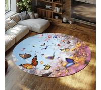 Mariposas Volando Redonda Alfombra 180cm Patio Colorido Mariposa jardín Flor Panorama Lavable Antideslizante Resistente Manchas Fina mesita Noche Circular Cocina Alfombrilla