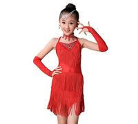 Maritown Chicas Lentejuelas Baile Latino Vestido de Borla Samba Tango Salsa Salsa Danza de Salón de Baile Disfraces de Baile para Niños de 3 a 15 Años (NO Incluye Decoración de Cabeza y Orejas)