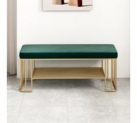 MARIYCH - Banco de almacenamiento tapizado de terciopelo para zapatos, estante de entrada de 2 niveles con marco dorado, elegante organizador de zapatos para pasillo y entrada, acento moderno de