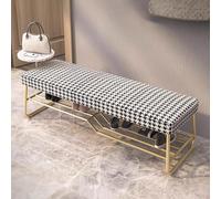 MARIYCH - Banco moderno de extremo de cama con estante, asiento de almacenamiento tapizado de lino, zapatero de entrada con elegantes patas de metal dorado para sala de estar, pasillo, dormitorio