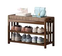 MARIYCH - Banco zapatero de madera maciza de 3 niveles con asiento tapizado, elegante organizador de almacenamiento de zapatos para entrada, dormitorio, sala de estar, balcón, color marrón