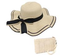 Marjoramy Sombrero de paja para mujer y bolsa de mano de paja, sombrero plegable de ala ancha y pajita, pajilla para verano, playa, sombreros y mini bolso para vacaciones, viajes, color beige