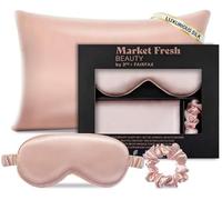 Market Fresh Beauty Juego de regalo de funda de almohada de seda de morera, máscara de ojos, funda de almohada y coletero para un sueño suave, reduce roturas, enredos, arrugas y arrugas, tamaño Queen,