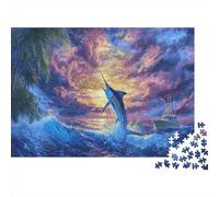 Marlín Saltando al Atardecer Rompecabezas 3D 70x50cm/1000pcs, - Juego Creativo para Familias, Antistrés Y Educativo, Regalo De Decoración para El Hogar
