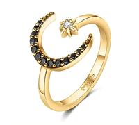 MARLION JEWELS Anillos de mujer en plata de ley abierto de preciosa luna creciente, rodeada de circonitas negras y una estrellita brillante. Anillo plata mujer con acabado plateado o dorado. Joyería