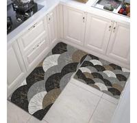 Mármol Abstracto En De Abanico Juego De Alfombras De Cocina De 2 Piezas, Juego De Alfombras De Geometría Medieval, Gris Carbón Antideslizantes Lavables Tapetes De Cocina Para Interior, 50X80+50X150Cm