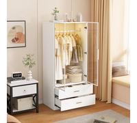 Marooma Armario moderno blanco con luz LED y puertas de cristal, 2 puertas, con barra para colgar ropa y 2 cajones, para dormitorio, vestidor, habitación infantil (blanco-A, 80 x 50 x 175 cm)