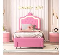 Marooma Cama tapizada de 90 x 200 cm con LED ajustable y cajón de almacenamiento, bonita cama de princesa heredera con base plana para pasta, PU, fácil de montar (rosa)