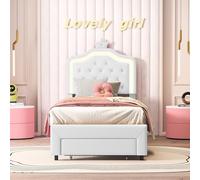 Marooma Cama tapizada de 90 x 200 cm con LED ajustable y cajón de almacenamiento, bonita cama de princesa heredera con base plana para pasta, PU, fácil de montar (blanco)