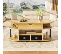 Marooma - Mesa baja elevable con almacenamiento, salón de 105 cm, ovalada con estante negro y cajones de tela