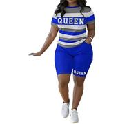 MaroYanYML Conjunto de dos piezas para mujer Jersey de manga corta con estampado 3D a rayas con letras de reina Chándal básico de talla grande y pantalones cortos
