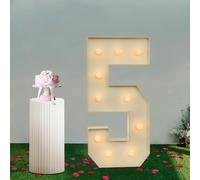 Marquee - Números con iluminación LED, números iluminados 0 1 2 3 4 5 6 7 8 9 números lámpara número para cumpleaños, bodas, fiestas, funciona con pilas, color blanco, 100 x 48 cm, reutilizable (5)