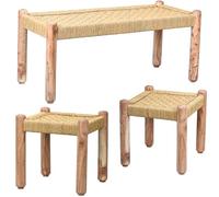 Marrakech Boho Deko Juego de 3 taburetes de madera y yute Josue, muebles de balcón, muebles de jardín, ideal para jardín, terraza y balcón