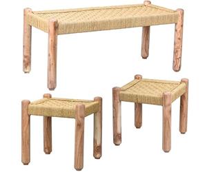 Marrakech Boho Deko Juego de 3 taburetes de madera y yute Josue, muebles de balcón, muebles de jardín, ideal para jardín, terraza y balcón