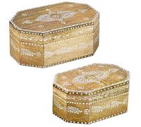 Marrakech Juego de 2 cajas de almacenamiento con tapa de madera de 20 y 15 cm de tamaño | Joyero decorativo bohemio Hajdar -1 para guardar joyas, caja de madera maciza, ideal como caja de regalo