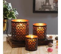 Marrakech - Juego de 3 portavelas orientales, color negro, 14 cm, diseño oriental, vintage, color cobre negro exterior, farolillos marroquíes de metal como decoración