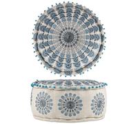 Marrakech Puf Cojín redondo 50 x 25 cm con relleno | Taburete oriental Garet azul de algodón bordado con diseño de mandala | puf bohemio como decoración de salón dormitorio