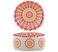 Marrakech Puf Cojín redondo 50 x 25 cm con relleno | Taburete oriental Garet Orange de algodón bordado con diseño de mandala | puf bohemio como decoración de salón dormitorio