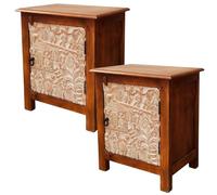 Marrakech Skandi Juego de 2 mesitas de noche de madera, color marrón, 60 cm de alto, estilo bohemio, vintage, oriental, decoradas a mano, mesitas de noche también para cama con somier, muebles
