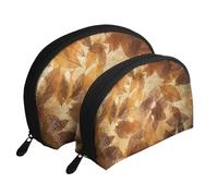Marrón Beige Hojas De Oro Lino Otoño, Bolsa de Maquillaje de Concha, Monedero pequeño para Mujer, Bolsa de artículos de tocador, Bolsa de cosméticos, 2 Piezas
