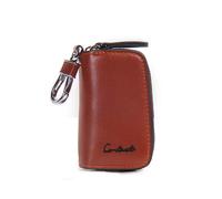 (Marrón) Estuche clásico nuevo de piel de vaca auténtica para llaves de coche con doble cremallera para