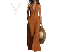 ,Marrón,L,Vestido Camisero Maxi de Color sólido para Mujer, Corte en A, de Cintura Alta, con Cuello Vuelto y Botones, Escote en V, Cintura Fruncida y sin Mangas