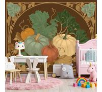 Marrón Papel pintado panorámico no tejido 300 x 210 cm Tamaño personalizado, póster mural gigante 3D, Art Nouveau Calabazas Hojas para sala de estar dormitorio o restaurante