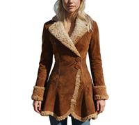Marrón,S,Chaqueta de Ante con Forro Polar Sherpa para Mujer, Estilo Vintage Western de los años 70, de Manga Larga, Ajustada, cálida y Peluda, para Invierno