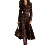 Marrón,XXL,Vestido Camisero a Cuadros para Mujer, Vestido Occidental Largo Elegante Vintage de Manga Larga con Botones y Dobladillo con Volantes