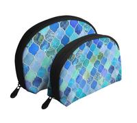 Marroquí Decorativo Azul Cobalto Y Aqua, Bolsa de Maquillaje de Concha, Monedero pequeño para Mujer, Bolsa de artículos de tocador, Bolsa de cosméticos, 2 Piezas