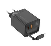 Mars Gaming MD-GAN65R, Cargador USB-C 65W Ultracompacto, Carga Rápida QC 3.0 y PD 3.0, Tecnología GAN, Cable Retráctil Plano 65cm, 9 Protecciones, Puerto USB-A y USB-C, Enchufe Europeo Tipo C, Negro