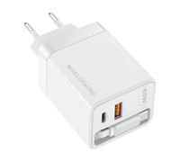 Mars Gaming MD-GAN65R, Cargador USB-C 65W Ultracompacto, Carga Rápida QC 3.0 y PD 3.0, Tecnología GAN, Cable Retráctil Plano 65cm, 9 Protecciones, Puerto USB-A y USB-C, Enchufe Europeo Tipo C, Blanco