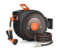 Mars Villa Carrete retráctil para manguera de jardín de 1/2 pulgada x 65 pies, rebobinado automático y bloqueo de cualquier longitud, carrete de manguera giratorio de 180° para montaje en pared para