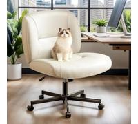 Marsail Silla cruzada con ruedas, silla de oficina de piel de PVC resistente a los arañazos, silla de oficina con patas cruzadas, respaldo medio ancho, cómoda silla de escritorio sin brazos, silla de