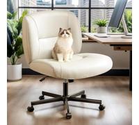 Marsail Silla entrecruzada con ruedas, silla de oficina cómoda sin brazos con respaldo medio ancho, silla de escritorio de piel de PVC resistente a los arañazos, escritorio de computadora ajustable en