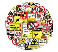 MARSFORCE Juego de 50 pegatinas de advertencia de precaución, resistentes al agua, para portátiles, botellas de agua, monopatín, equipaje, coche, moto, bicicleta, guitarra, PS4, maletín, snowboard