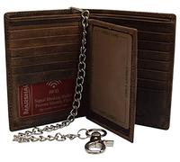 Marshal Bifold Cartera de piel auténtica con bloqueo RFID para hombres ranuras para tarjetas, 2 compartimentos para billetes, ventanas de identificación, dinero, Marrón vintage con cadena, Talla