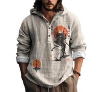 MARSVOVO Camisa de manga larga con capucha para hombre, diseño japonés, ligera, con botones de un cuarto, informal, para primavera y otoño, Funny Cat Beige, XX-Large