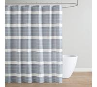 Martha Stewart Adrien - Cortina de Ducha de Estilo Granja, diseño de Rayas de Color Neutro con Acento Plisado, Cortina de Ducha de Tela Tejida Suave, decoración de baño Moderna Bohemia, Lavable a
