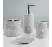 Martha Stewart Juego de Accesorios de baño de cerámica, Organizador de Almacenamiento para decoración de tocador, medallón de Damasco en Relieve, dispensador de loción/jabón, Soporte para Cepillo de