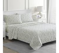 Martha Stewart Rachel Jacobean Floral - Juego de sábanas de percal 100% algodón de 300 hilos, color verde/morado, 4 piezas: 1 sábana encimera, 1 sábana bajera, 2 fundas de almohada, sábanas de algodón