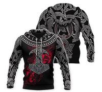 Martillo Odin Thor Sudadera Capucha Tatuaje para Hombres, Manga Larga Estampado Vikingo 3D Chaqueta Informal Estilo Pulóver Street,Hoodie,XL