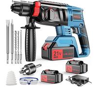Martillo Perforador a Batería, Martillo Percutor 21V con 2 Baterías de 4000mAh, 4 Funciones en 1, Adaptador SDS Plus (con Portabrocas, Para Martillos Perforadores), 3 Brocas, 2 Cinceles