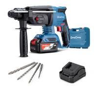 Martillo perforador sin cable DongCheng 18V, energía de impacto 2,7 J, 4 piezas SDS-plus, perforación hasta 28 mm, motor de percusión sin escobillas empuñadura antivibración baterías 4Ah y cargador 2A