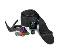 Martin Paquete de accesorios para guitarra, cejilla, afinador de clip, correa de púa y juego de púas multicolor, kit de inicio esencial para guitarristas