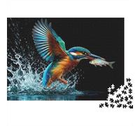 Martín Pescador Atrapando Pez Rompecabezas de 1000 Piezas para Adultos Martín Pescador Buceando por Pez sobre Salpicadura de Agua Robusto Vibrante Alivio de Estrés 52x38cm/1000pzs